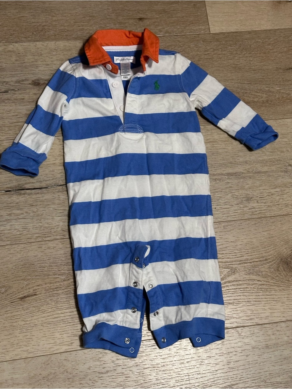 Ralph Lauren Blue and White Striped Polo One-Piece with Orange Collar